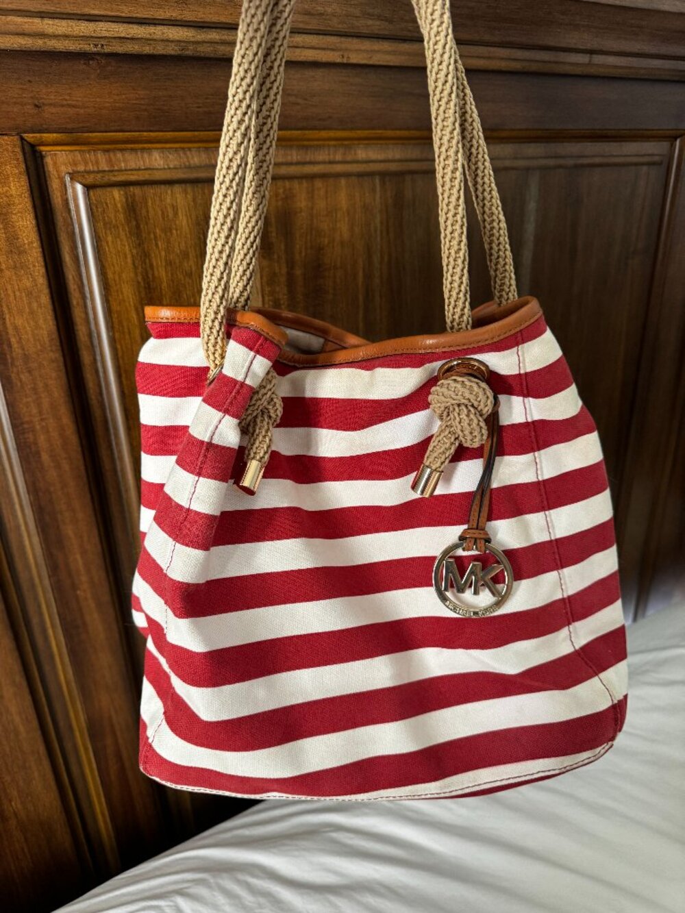 Red & White Striped Canvas Michael Kors Slouchy Bag